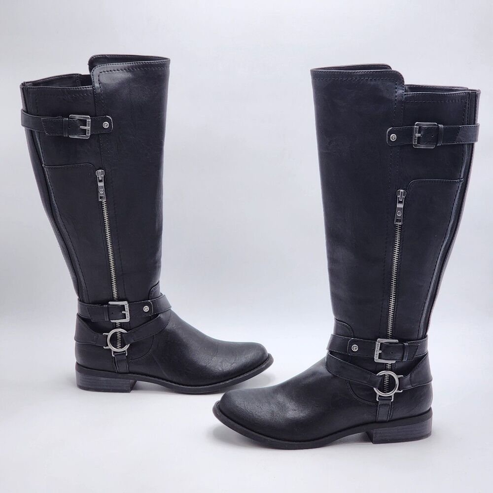 G by Guess Herly Buckle Black Wide Calf Tall Riding Boots Size 8.5 - Picture 3 of 10